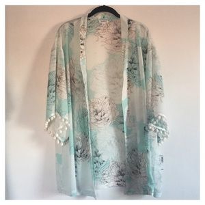 White and Teal Sheer Kimono with PomPom Sleeves